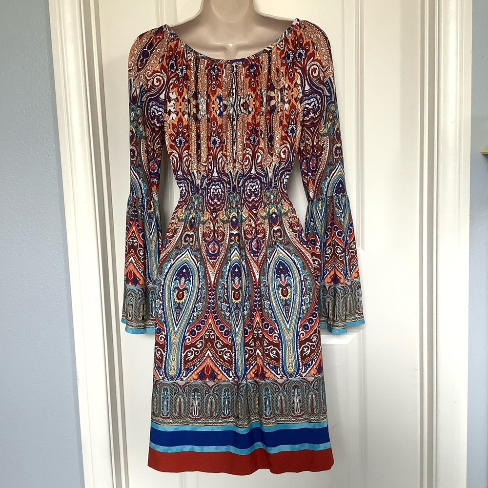 NWT Boston Proper Vibrant Paisley Dress Size 4 Long Bell Sleeves Bohemian - Picture 5 of 9